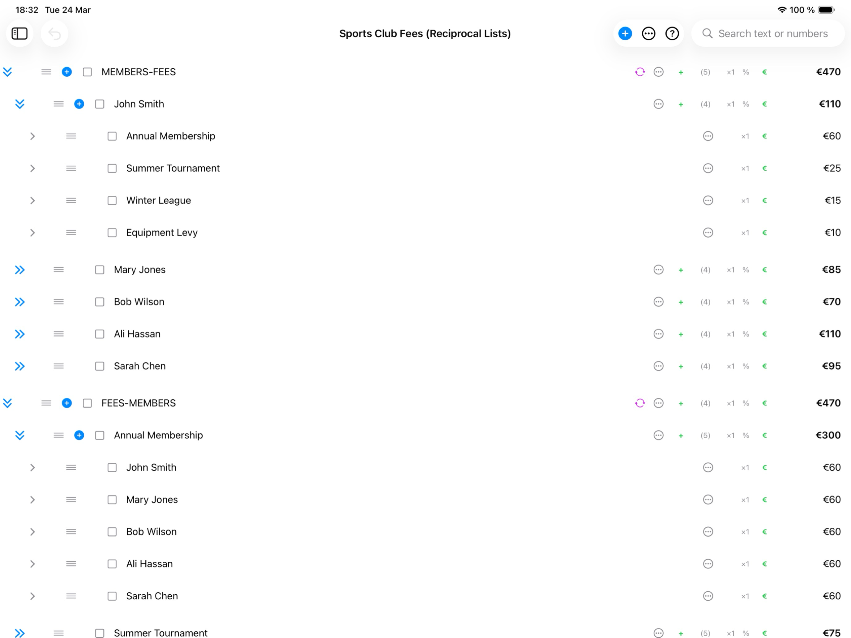 SpreadLists on iPad — Reciprocal Lists for Sports Club Fees