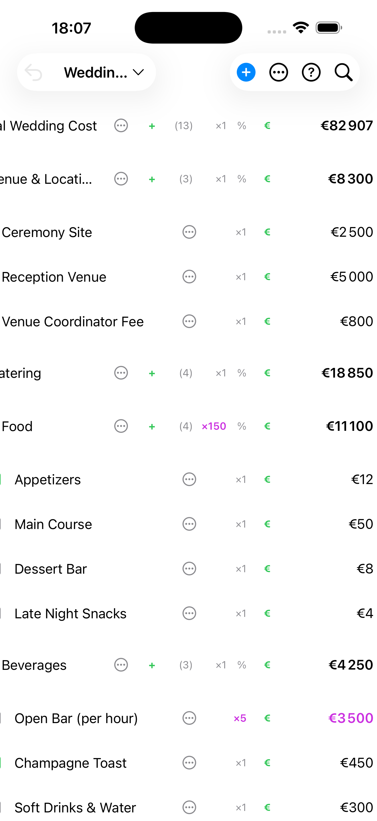 SpreadLists on iPhone — Wedding Budget